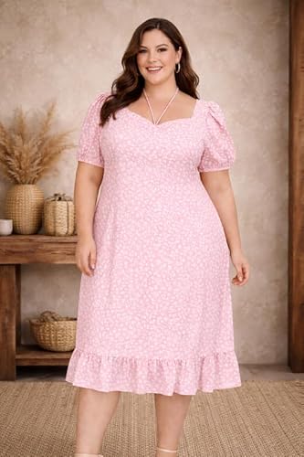 PrettyPlus by Desinoor.com Plus Size Pink Floral Dress | Midi Dress for Women | Stylish Long Women Western Frock | Knee Length Midi | Fit & Flare Solid Desk to Dinner Dress | Dresses for Girls