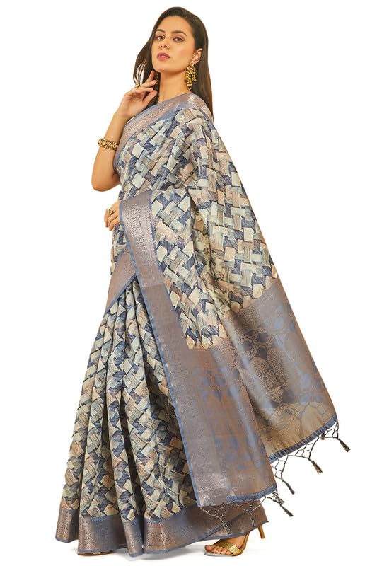 Soch Womens Blue Geometric Print Chanderi Jacquard Weave Saree