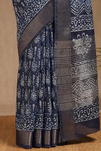 Soch Womens Indigo Viscose Block Print Saree
