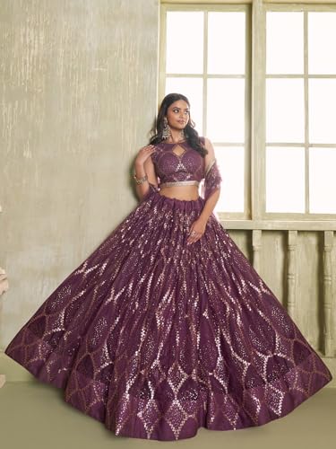 Zeel Clothing Women's Net Semi-Stitched Thread Sequins Work Embroideredry Soft Lehenga Choli with Dupatta (NFH-2206-Wine--Lehenga-Choli-Latest; Free Size)