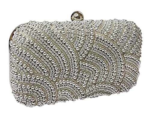 DUCHESS Women's Velvet Pearl Box Clutch with Detachable Chain Sling Strap - Hand Clutch Wallet Purse for Wedding Party, Casual (Silver,7 x2x 4 inches)