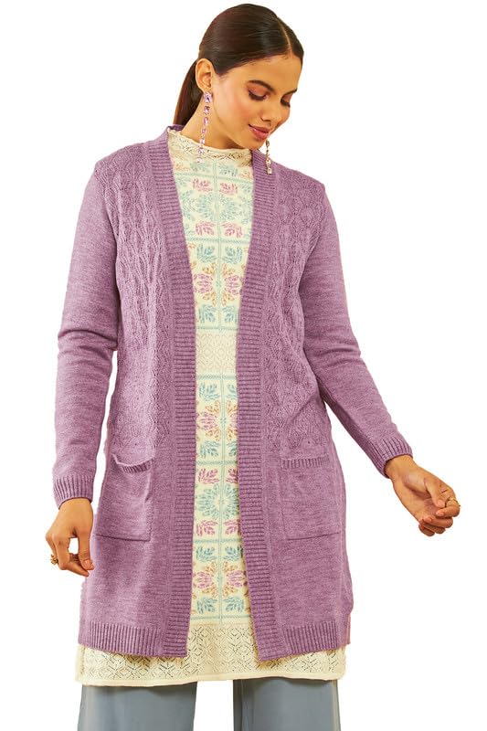 Soch Womens Purple Acrylic Chevron Pattern Knitted Open-Front Longline Shrug