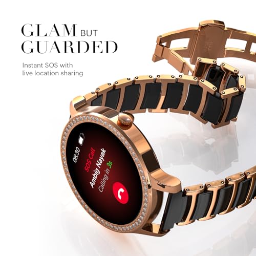 Noise Diva Araya Smartwatch for Women with AMOLED Display (850 Nits), 60 Precision-Set Crystals, Cycle Tracking, Skin Temperature, SOS with Live Location, 100+ Watch Faces - Rose Gold Ceramic
