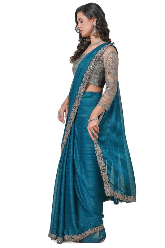 Soch Womens Teal Striped Chiffon Saree Sequins Border