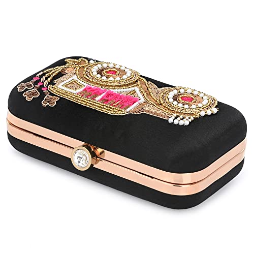 For The Beautiful You Black Embroidered Car Women's Clutch