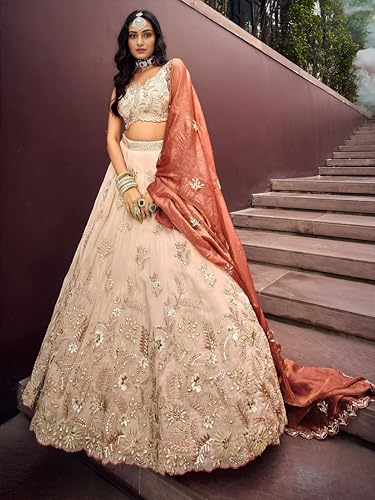 Zeel Clothing Women's Dori, Sequins and Thread Embroidered Work Cosmos Silk Lehenga Choli With Dupatta (6019-Copper-Women-Lehenga-Choli-Latest; Free size)