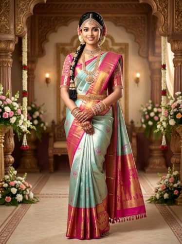 VFCollections Women's Traditional Handloom Kanchipuram Silk Pure Pattu Sarees Royal Wedding Border & Bridal Butta | Rich Zari Woven Design | Bridal Saree | Unstitched Blouse