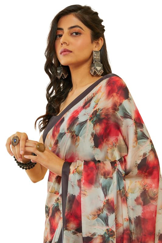 Soch Womens Charcoal Floral Print Crepe Saree