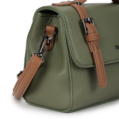 Fastrack Monochrome Muse Satchel | Faux-Leather Satchel for Women in Olive with Tan Accents | Buckle-Flap Closure, Dual Carry Options, Centre Zip Divider & Quick-Access Pockets