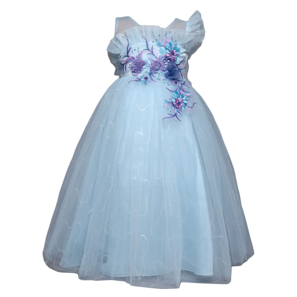 Hopscotch Girls Polyester Floral Applique Gown in Blue Color For Ages 11-12 Years (ZHG-4157002)