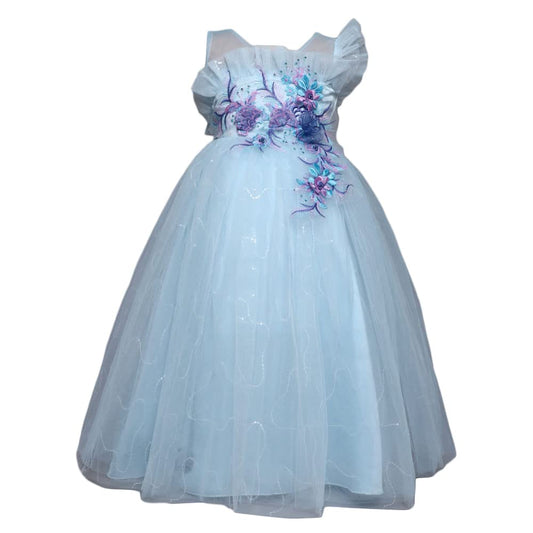 Hopscotch Girls Polyester Floral Applique Gown in Blue Color For Ages 11-12 Years (ZHG-4157002)