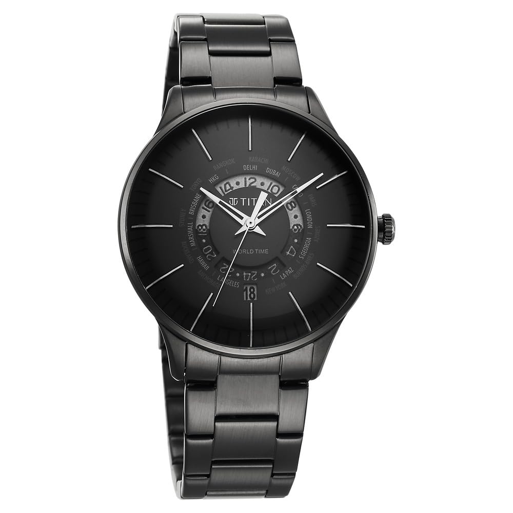 Titan Quartz World Time with Date Black Dial Black Stainless Steel Strap Watch for Men - NT90145NM01