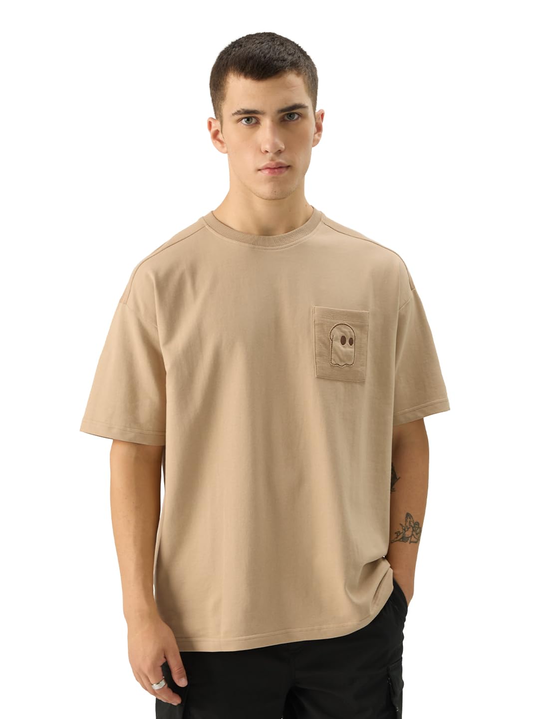 The Souled Store Mr. Souled Men and Boys Short Sleeve Round Neck Brown Cotton Oversize T-Shirt
