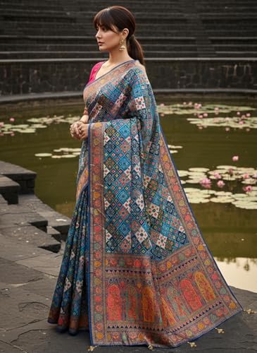 Glory Sarees Women’s Luxurious Dola Pure Silk Original Saree Position Print Work Bandhani Patola Inspired Motifs Banarasi Kanjivaram Style Saree With Blouse Piece(Elegant108_Blue)