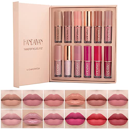 COSLUXE 12Pcs Velvet Matte Liquid Lipstick Set, Waterproof Long Lasting Non-Stick Cup Not Fade Nude Lip Gloss Set, UP TO 24 HOURS, Professional Lip Makeup Gift Kit for Women Girl 2.5x12