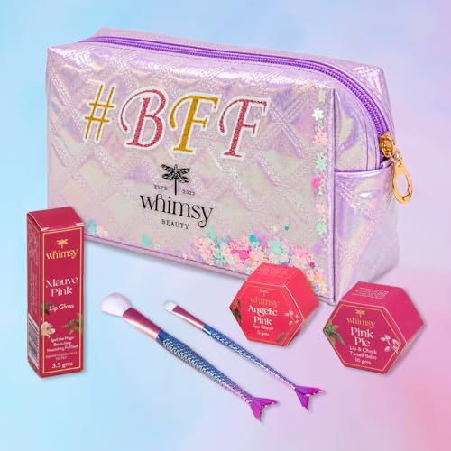 Whimsy Beauty Organic & Safe Makeup Kit | Safe beauty Set for Girls, Preteens & Teens | Eye Glitter, Lip Cheek Tint, Kids Lip Gloss and Mermaid Brushes | Vegan & Cruelty-Free (Pack of 5)
