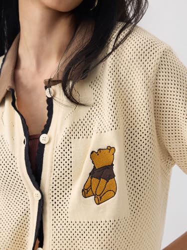 The Souled Store Winnie The Pooh: Happy Pooh Women and Girls Short Sleeves Spread Collar Embroidered Cotton Regular Fit Lightweight Casual Shirt