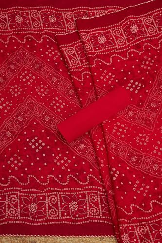 Soch Womens Red Rayon Bandhani Print Unstitch Dress Material With Sequins
