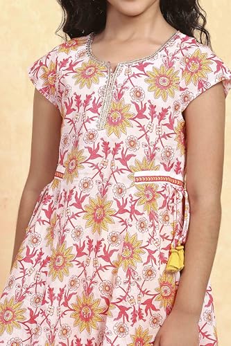 BIBA Girl's White Cotton Flared Printed Suit Set