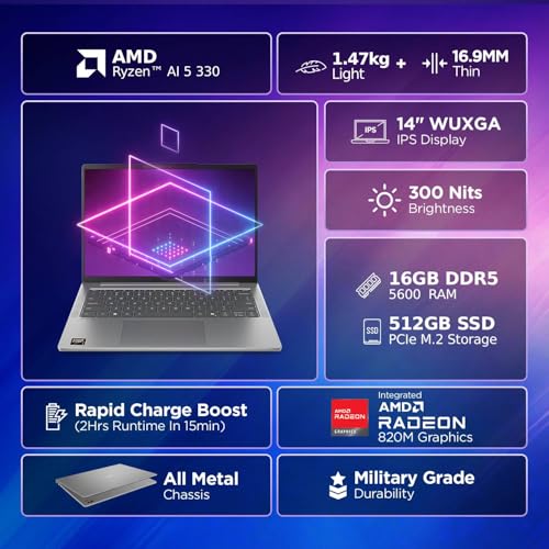 Lenovo IdeaPad Slim 5 AMD Ryzen AI 5 330 (16GB RAM/512GB SSD/14 (35.5cm)/WUXGA IPS/Copilot+ PC/Windows 11/MSO 365 Basic+Office 2024/1Yr ADP Free/Grey/1.4Kg), 83HX00DCIN AI Laptop