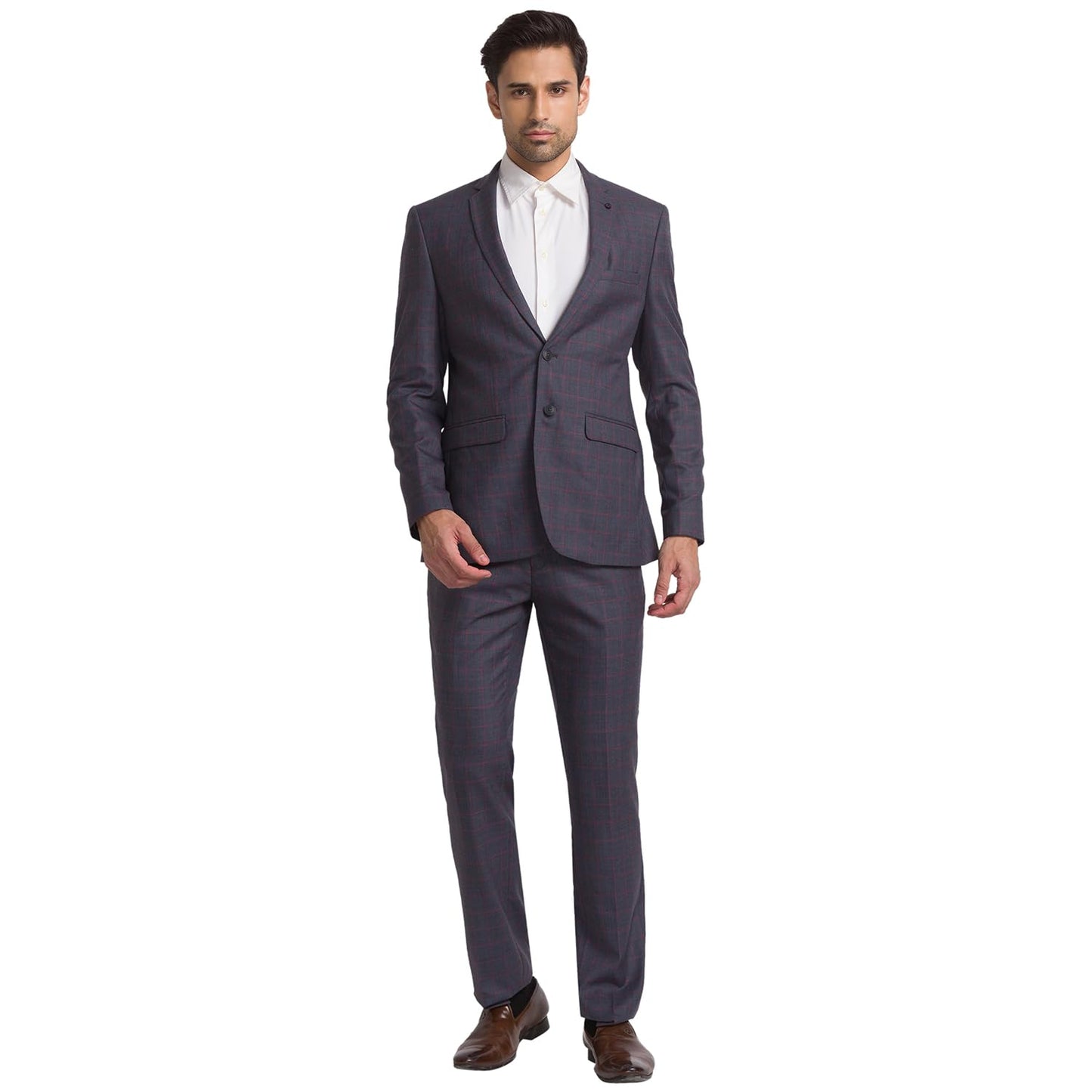 Raymond Men Slim Fit Checks Pattern Poly Wool Blend Notch Lapel Flat Front Formal Suit (Size: 104)-RMDS02113-G8 Dark Grey