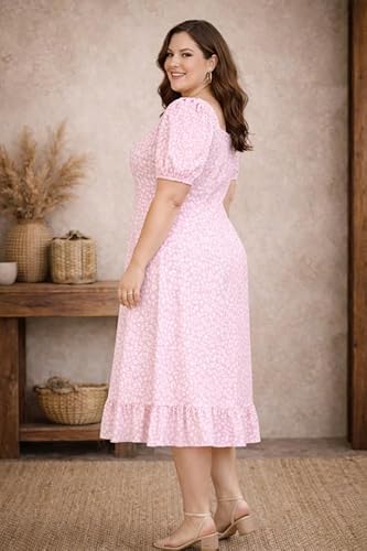 PrettyPlus by Desinoor.com Plus Size Pink Floral Dress | Midi Dress for Women | Stylish Long Women Western Frock | Knee Length Midi | Fit & Flare Solid Desk to Dinner Dress | Dresses for Girls