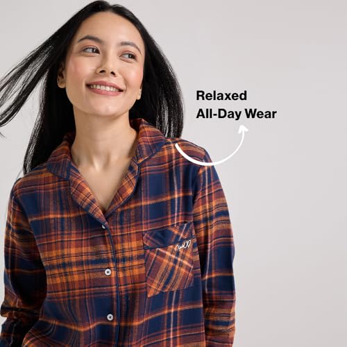 NYKD (NYS902 Cotton Checked Coords Set Night Suit for Women | Relaxed Fit, Collar Neckline Shirt with Full Sleeves & Pants| Perfect for Sleep & Lounge Wear (Navy & Brown, 2XL)