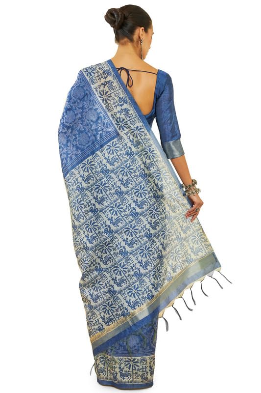 Soch Womens Indigo Tussar Silk Saree With Tribal Print And Zari Woven Saree