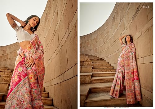 MADHUHANSH Womens Kasamiri Cotton Patola Letest Designer Saree with Unstitched Blouse With Boluse Piece (WHITE)