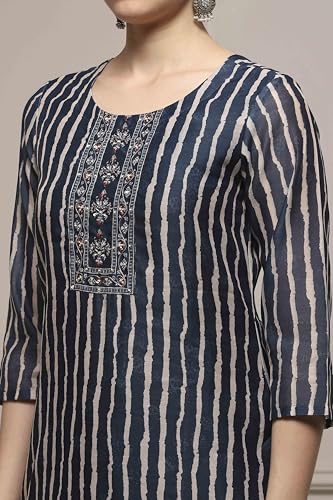 Biba Women Blue Chanderi Blend Printed Embroidered Unstitched Suit Set_FREE SIZE