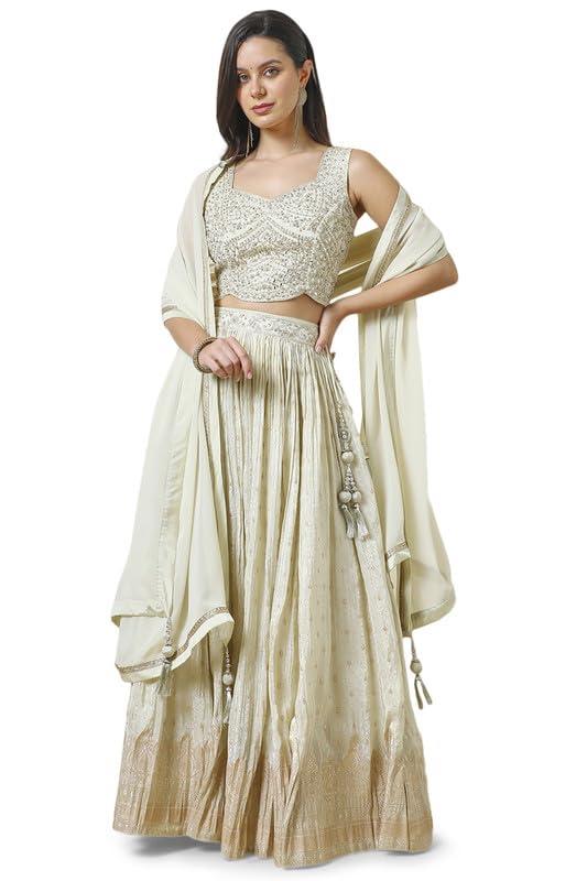 Soch Womens Cream Brocade Embroidered Leheng Set With Mirror Work