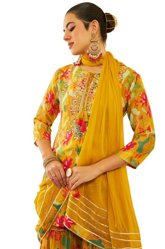 Soch Womens Mustard Yellow & Green Muslin Floral Printed Suit Set With Zardosi Work