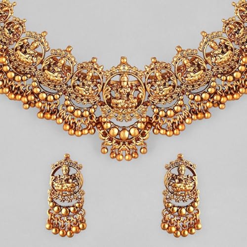 Rubans 24K Gold-Plated Handcrafted Antique Artificial Temple Jewelry Set-Lakshmi Motif And Matching Earrings For Women and Girls – Perfect for Weddings and Special Occasions