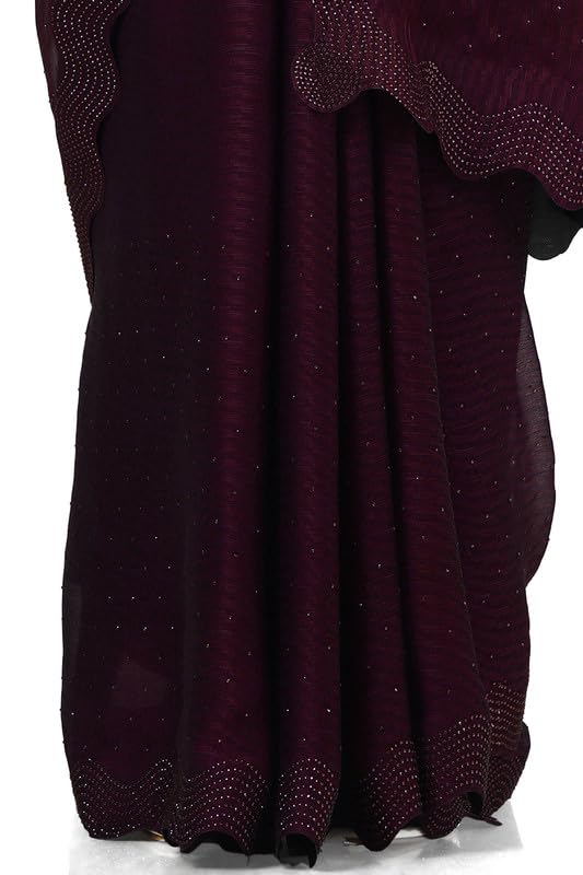 Soch Womens Wine Chiffon Self Print Saree With Stone Work