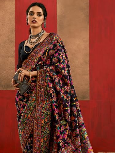AAHLYO WOMEN'S Kashmiri Jal Cotton Patola Saree for Women | Cotton Saree | Sarees with Unstitched Blouse (BLACK)