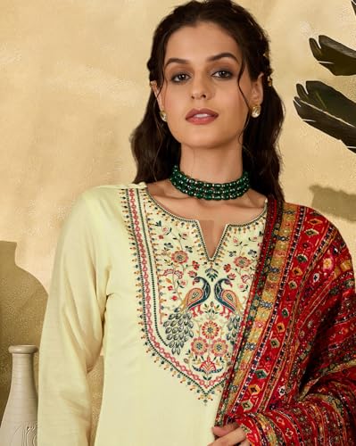 SheWill Kurta Set for Women Off White Silk Blend Zari Sequence Thread Embroidered Kurta with Pant and Dupatta