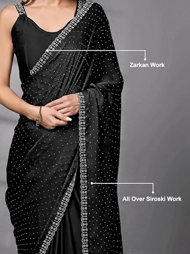 TRENDMALLS Women's Satin Georgette Siroski work Saree with Unstitched Blouse Piece (K1086-Black)
