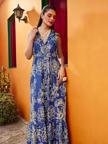 Pink Paprika by Sassafras Women's Blue & Off White Floral Front Button Maxi Dress-M