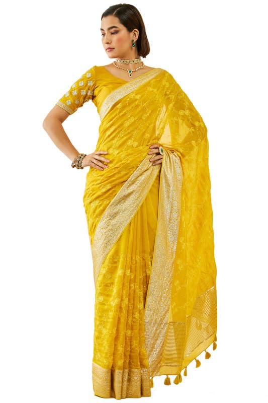 Soch Womens Yellow Organza Embroidered Saree with Thread Work(8907175714638)