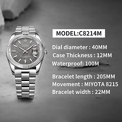 CADISEN Design Men Watches Mechanical Automatic 100M Waterproof Brand Luxury Stainless Steel Watch H0mage, 8214GRAY
