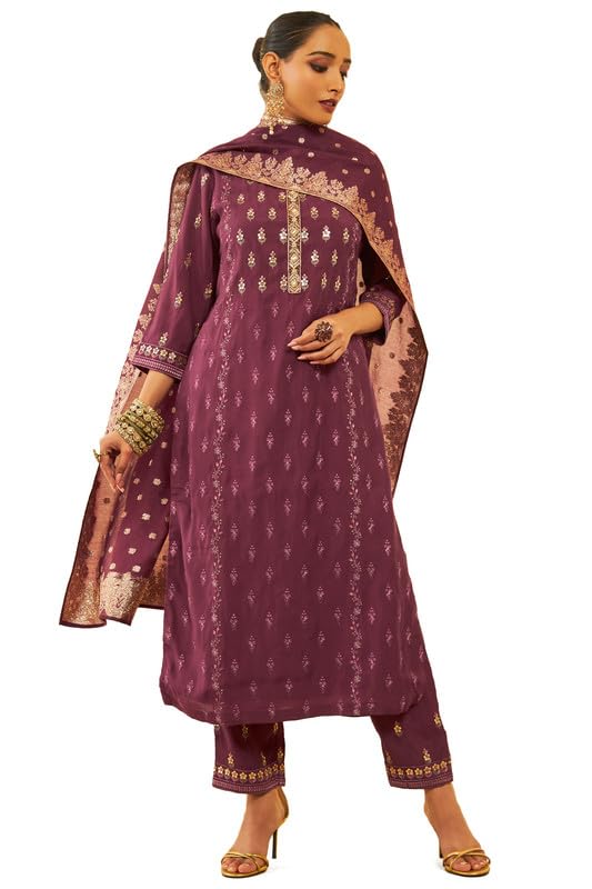 Soch Womens Wine Chanderi Floral Embellished Suit Set With Sequins