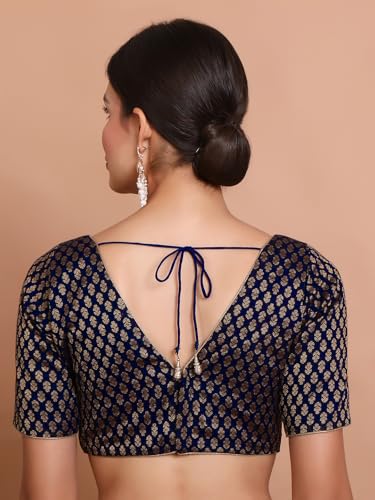 S SALWAR STUDIO Navy Blue Brocade V Neck Readymade Blouse