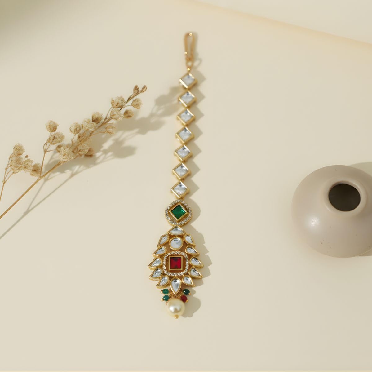 Iksava Elegant Traditional Polki Kundan Maangtika for Women & Girls | White Stone Bridal Forehead Tikka with Pearl Drop | Ethnic Hair Accessory for Wedding & Festive (Multi)