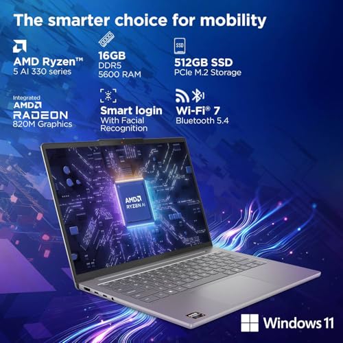 Lenovo IdeaPad Slim 5 AMD Ryzen AI 5 330 (16GB RAM/512GB SSD/14 (35.5cm)/WUXGA IPS/Copilot+ PC/Windows 11/MSO 365 Basic+Office 2024/1Yr ADP Free/Grey/1.4Kg), 83HX00DCIN AI Laptop