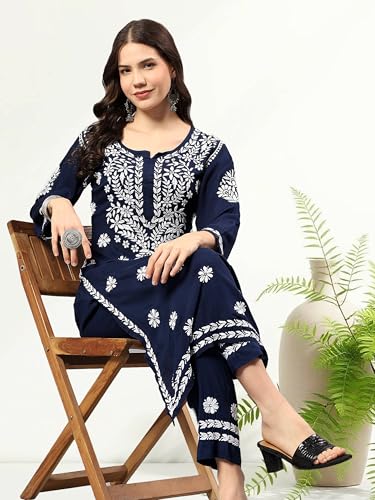 Seva Chikan Hand Embroidered Lucknowi Chikankari Navy Blue Rayon Kurta & Palazzo Set for Women (8108_Navy Blue_XS)
