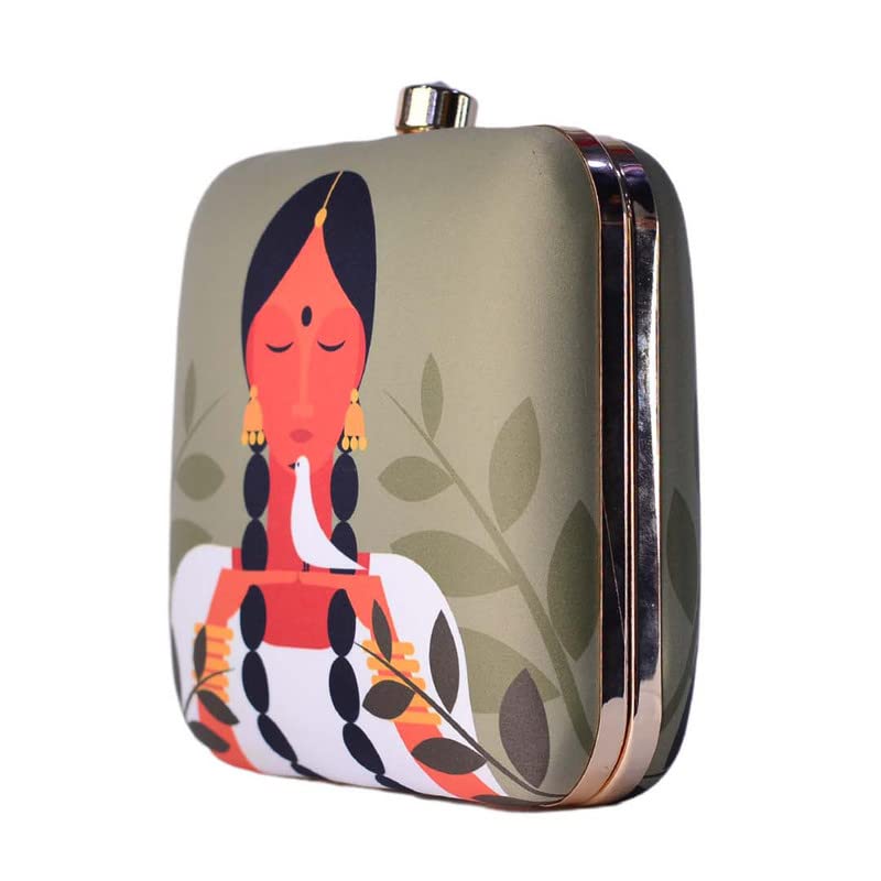 Artklim Traditional Girl With White Bird Printed Clutch