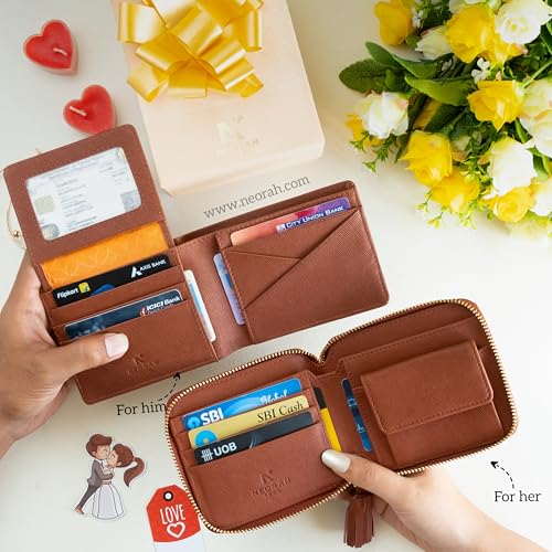 NEORAH — Couples Gift Set Vegan Leather Men's Wallet & Women’s Card Wallet + Coin Compartment - Men’s Wallet | Card Wallet - Birthday, Anniversary, Wedding Day, Valentine's Day Gift (Brown)