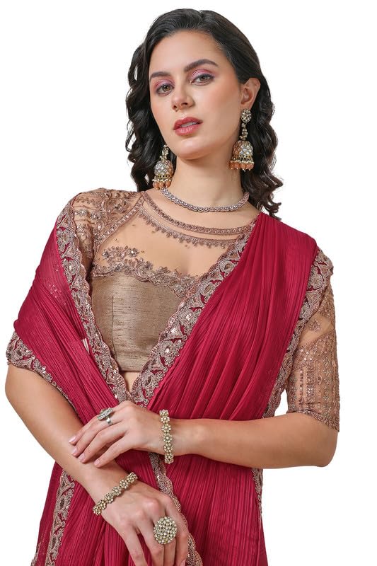 Soch Womens Maroon Striped Chiffon Saree with Zardosi Lace