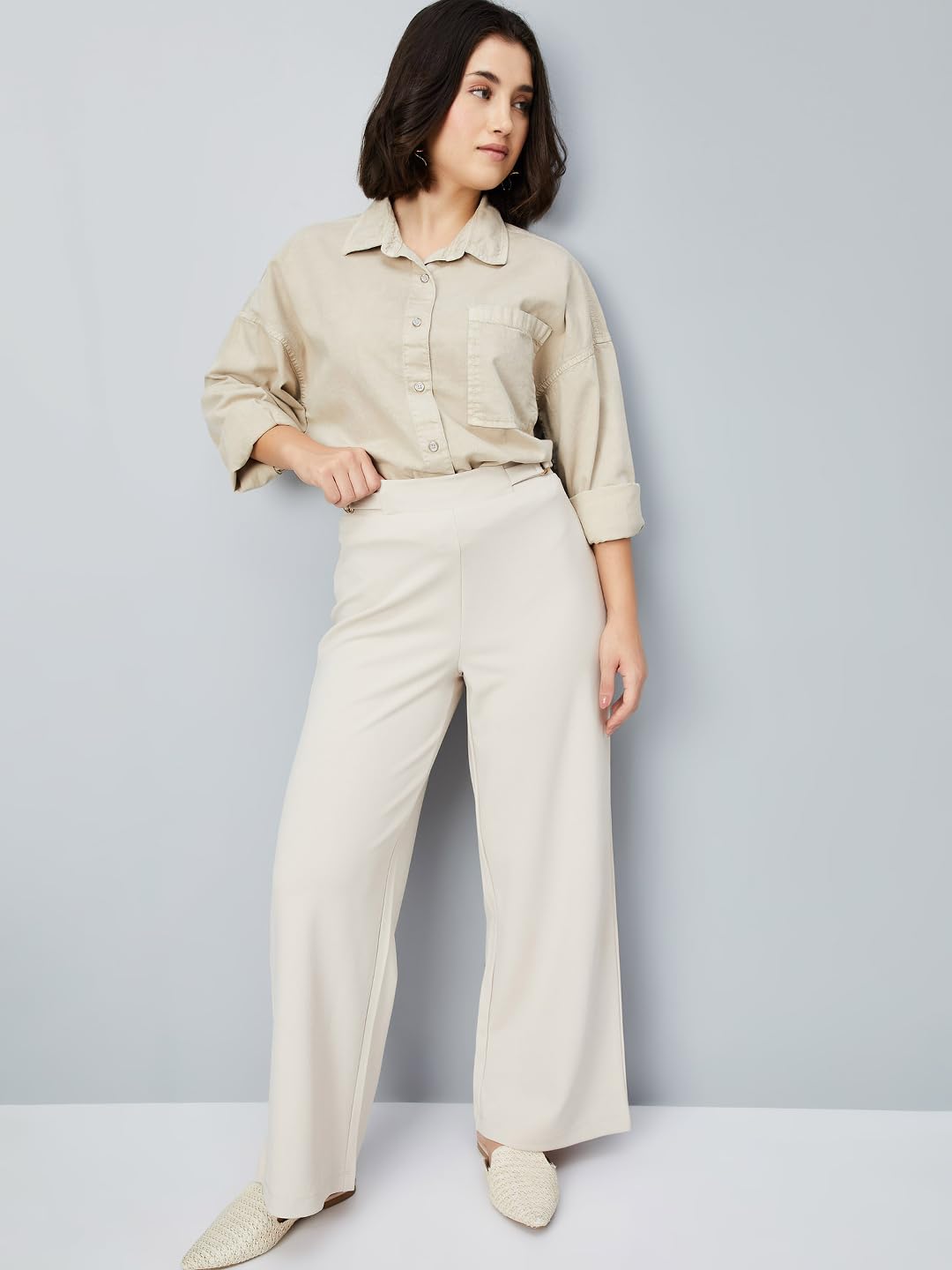Max Women Solid Oversized Shirt(Beige_L)