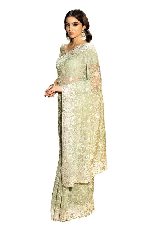 Soch Womens Light Green Organza Embroidered Saree With Sequins Work